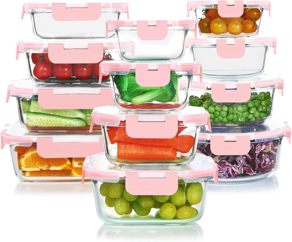 KOMUEE Set de 24 Piezas Contenedores de Vidrio para Alimentos | Hermeticos y Apilables con Tapa | Aptos para Congelador, Microondas y Horno (Rosa)