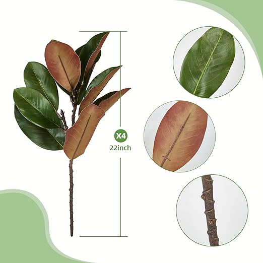 Ramas artificiales de magnolia de 56 cm (22 pulgadas), paquete de 4, tacto real, para interiores y exteriores, para rellenar jarrones, arreglos florales para bodas y el hogar.