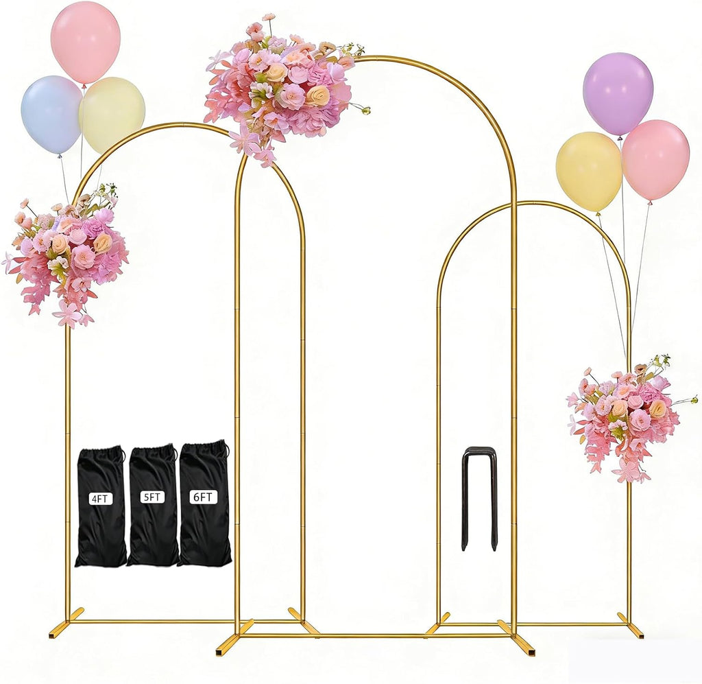 Soporte para arco de globos, soporte para fondo de arco, decoraciones de cumpleaños, decoraciones para fiestas, 4 pies + 5 pies + 6 pies, tres bolsas de almacenamiento, dorado, metal (4 pies + 5 pies + 6 pies)