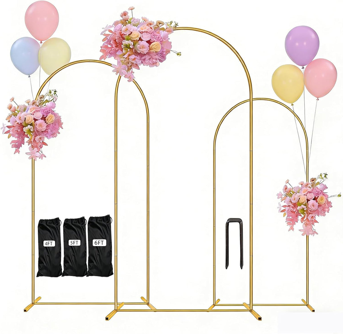 Soporte para arco de globos, soporte para fondo de arco, decoraciones de cumpleaños, decoraciones para fiestas, 4 pies + 5 pies + 6 pies, tres bolsas de almacenamiento, dorado, metal (4 pies + 5 pies + 6 pies)