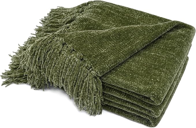 RECYCO Manta Suave y Acogedora de Chenilla con Flecos de Borlas para Sofá, Silla, Cama, Sala de Estar, Regalo (Verde Loden, 50'' x 60''