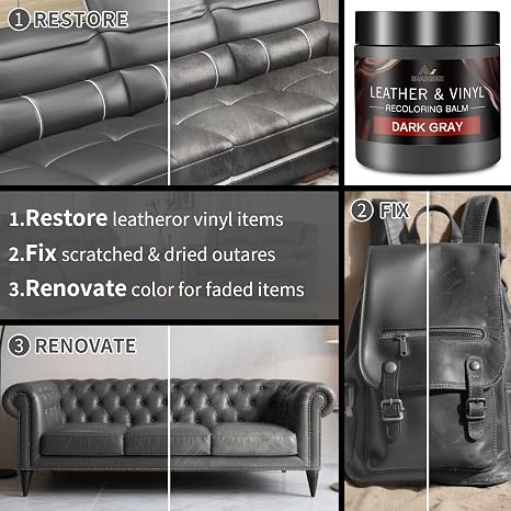 Bálsamo Recolorante de Cuero y Kit de Reparación de Arañazos, Restaurador de Cuero Gris Oscuro para Sofás, Muebles, Asientos de Automóvil, Pintura y Tinte de Cuero para Sofá, Sillas, Bolsas y Más