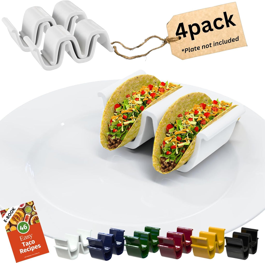 Soportes para Tacos de Cerámica HolaTasty – Set de 4 Piezas con Soporte Dual, Apto para Microondas, Color Blanco