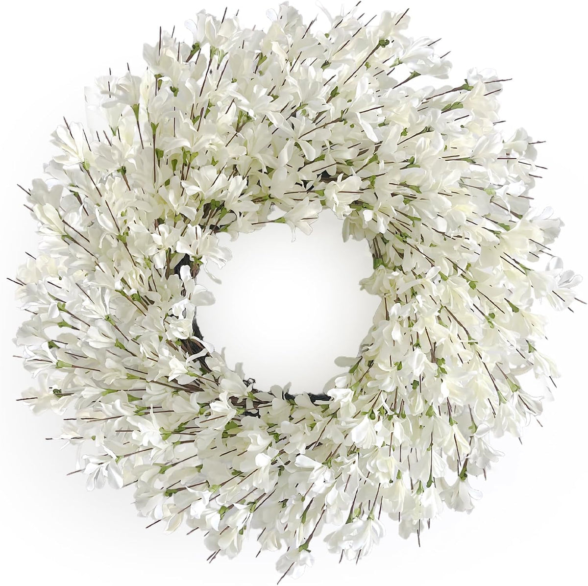 Corona de Primavera para Puerta 24 pulgadas | Forsythia Blanca Crema con Racimos de Flores | Estilo Farmhouse sobre Vid para Puerta, Pared y Ventana