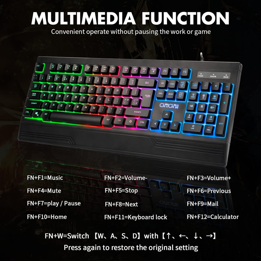 Teclado RGB para juegos, teclado de juego retroiluminado con teclas LED de arcoíris, teclado de juego USB cableado económico con reposa muñecas, teclado completo retroiluminado RGB para PC Xbox PS4