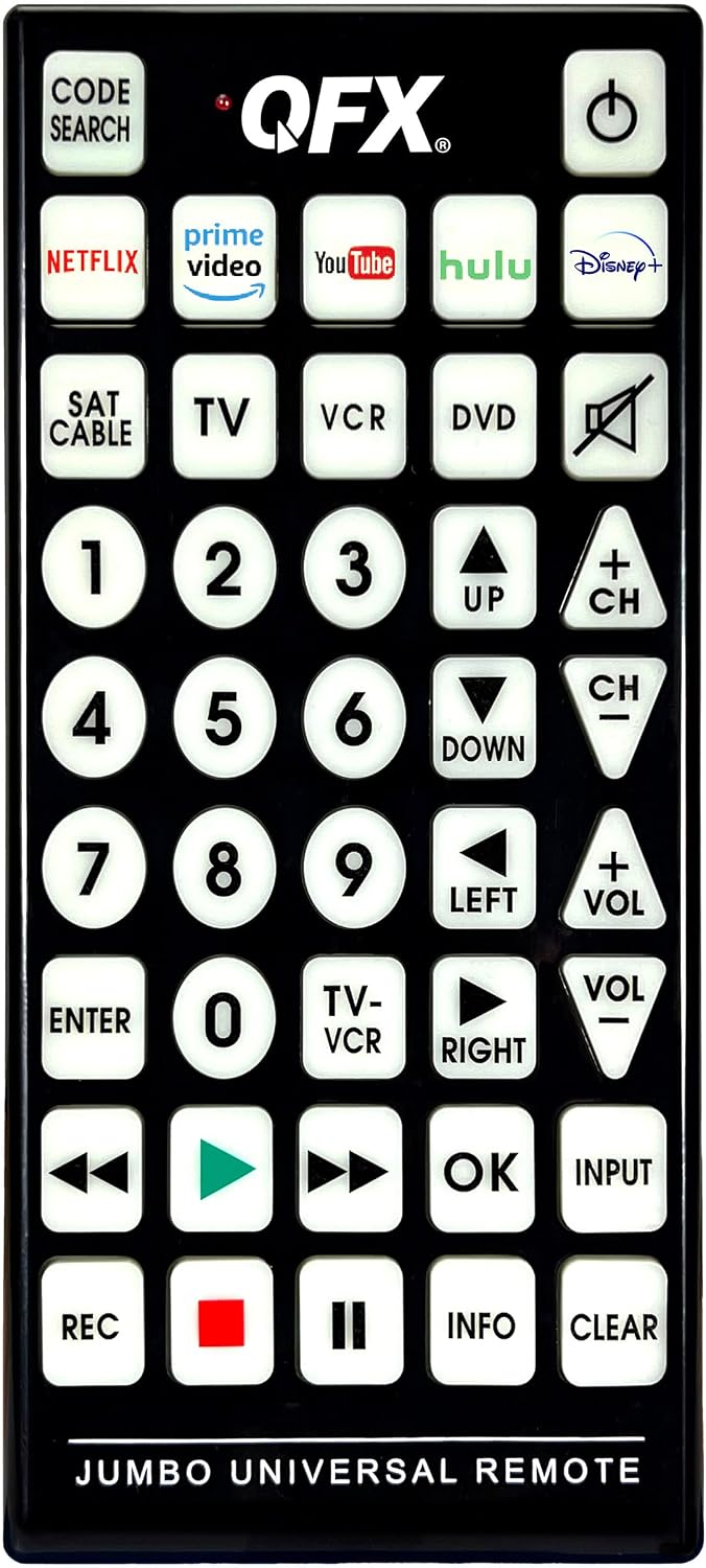 Control Remoto Universal QFX REM-115 8 en 1 | Grande y Jumbo | Para RCA, Sony, Philips, Samsung, GE, Panasonic, Sharp, Toshiba, LG, JVC y Más