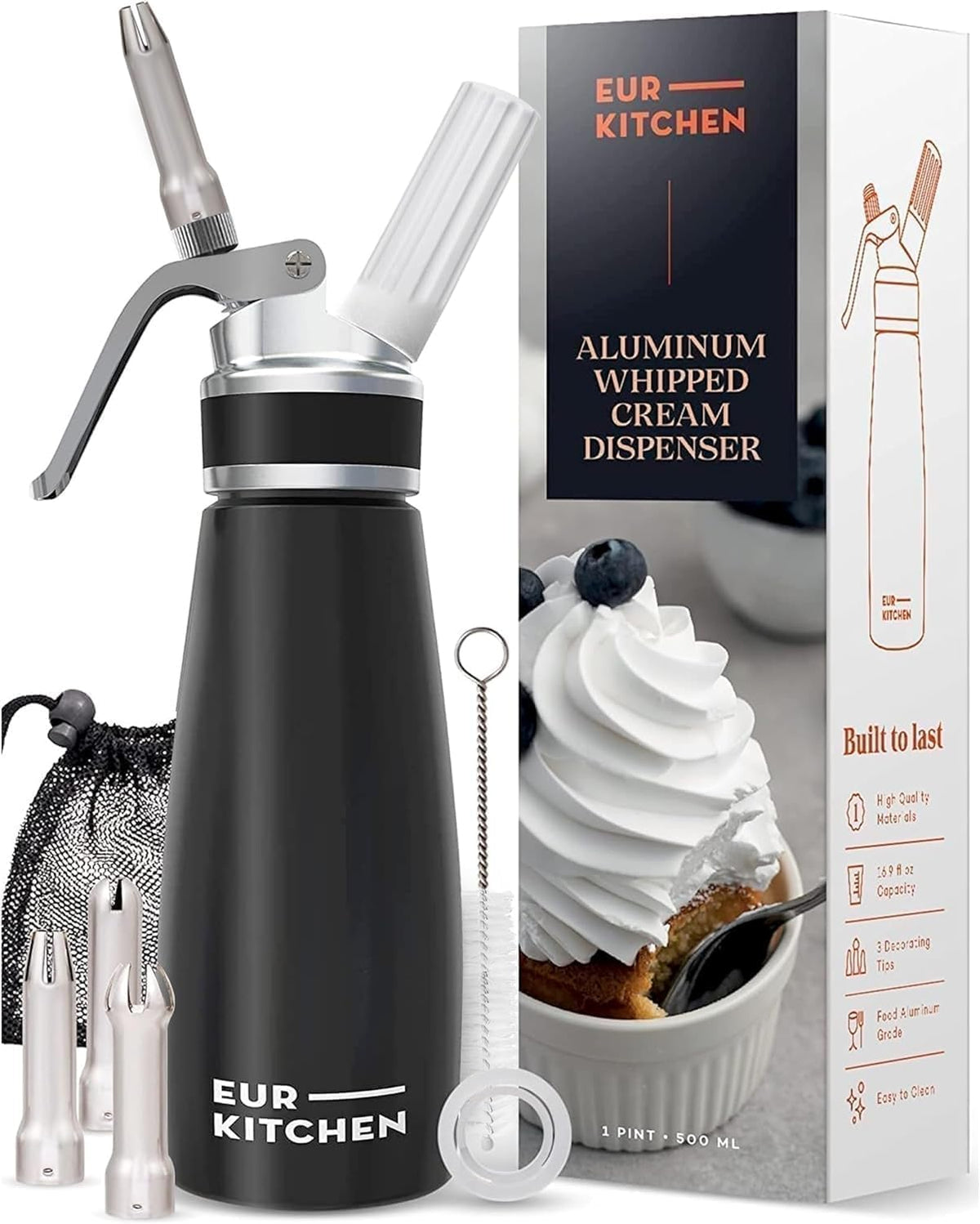 Dispensador de crema batida profesional de aluminio EurKitchen - Recipiente para crema batida a prueba de fugas con 3 boquillas decorativas y cepillo de limpieza - 500 ml (1 pinta) - Cartuchos de N2O (no incluidos)