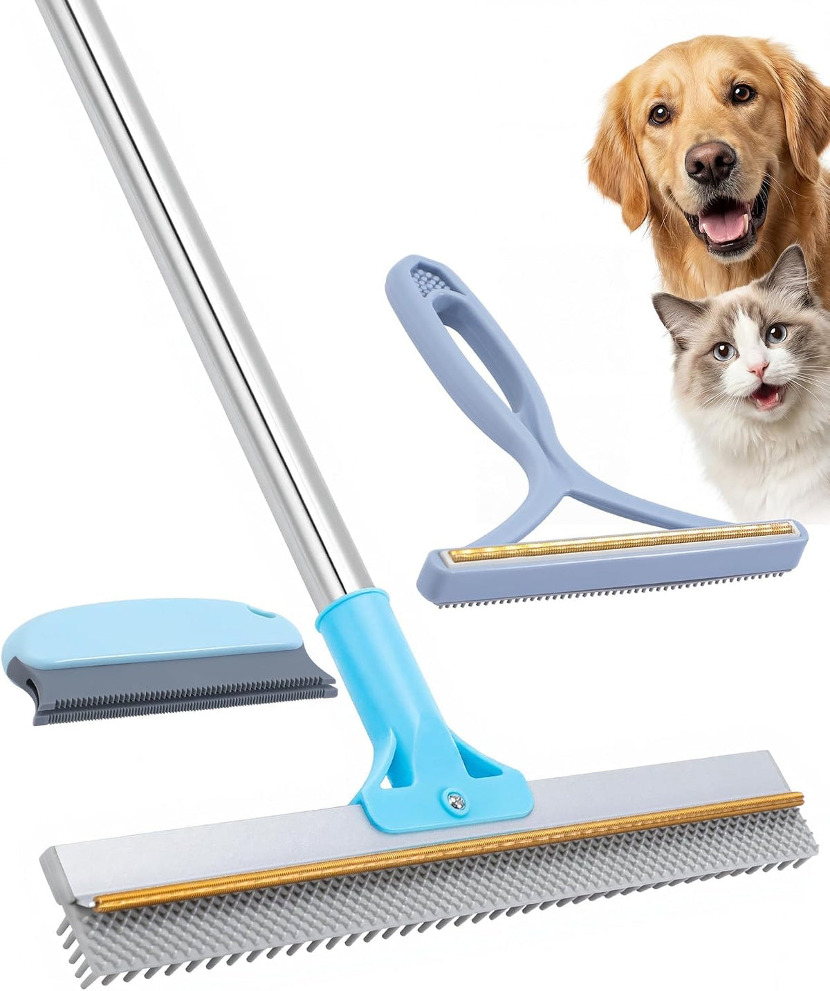 Rastrillo para alfombras para eliminar el pelo de mascotas - Rastrillo para alfombras con mango largo ajustable de 54", escoba de silicona reutilizable 3 en 1 con 2 raspadores de pelusa, escoba para eliminar el pelo de mascotas en alfombras, tapetes