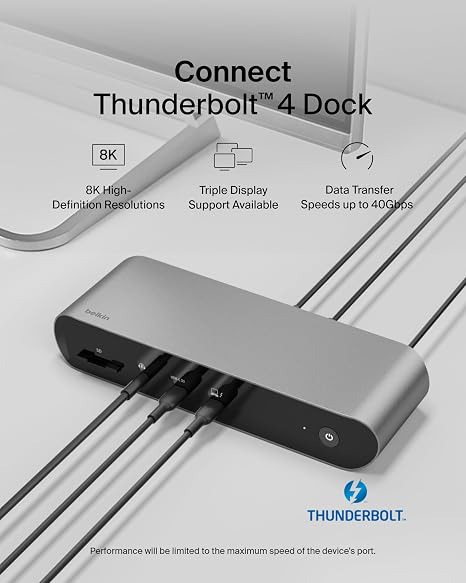 Belkin Estación de acoplamiento Thunderbolt 4 con entrega de energía de 90 W para MacBook y Windows, pantalla 8K/Dual 4K, cable Thunderbolt 4, HDMI, Ethernet, SD y puertos de audio, gris