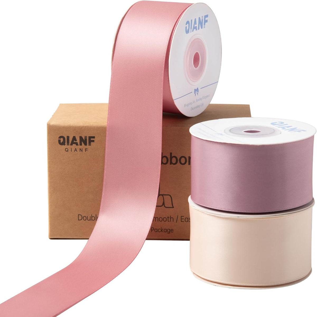 Cinta de Satén Doble Faz QIANF Rosa Empolvado 3.8 cm x 41 m | Champán, Rosa Palo, Malva, para Envoltura de Regalos, Ramos, Lazos y Decoración de Bodas, 3 Rollos x 13.7m
