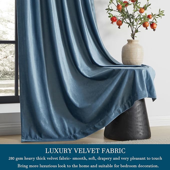 PRIMROSE Set 2 Cortinas de Terciopelo Azul Marino Blackout 90 Pulgadas – Bolsillo para Barra y Trabilla Trasera, Para Sala y Dormitorio