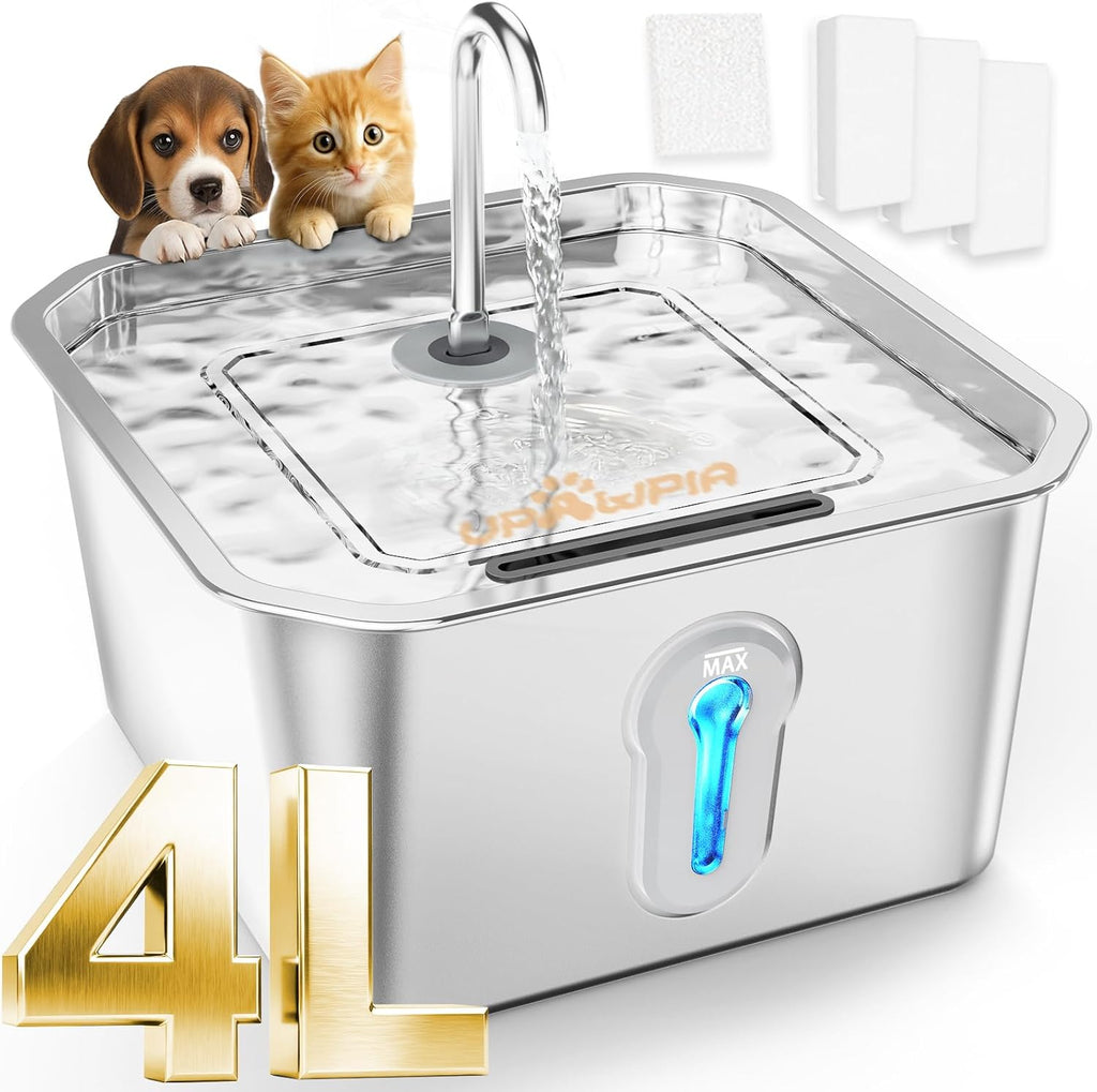 Fuente de Agua para Gatos y Mascotas en Acero Inoxidable 135oz/4L con Filtración Múltiple y Bomba Silenciosa