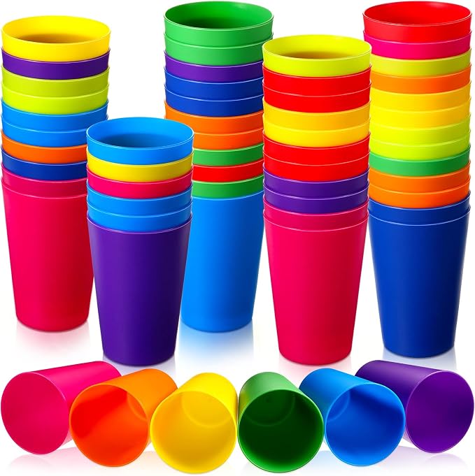 ⚠️ COLORES: MORADO, LILA, PAPAYA, VERDE CLARO, CELESTE, AZUL — 10 DE CADA UNO — Potchen 60 Vasos de Plástico Reutilizables 8.5oz para Niños