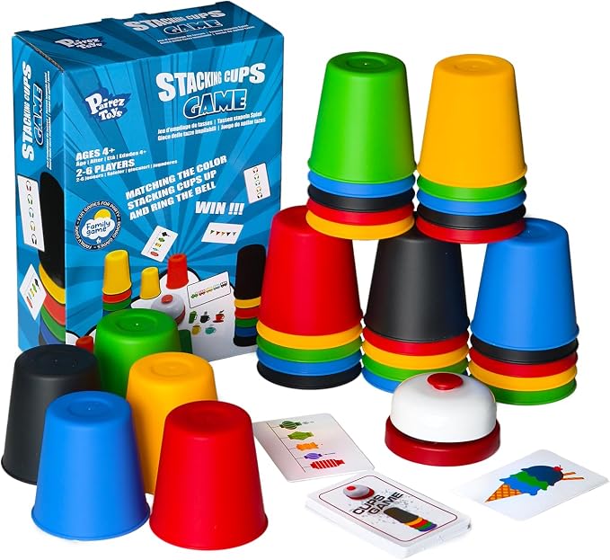 Pairez Toys Juego de Vasos de Apilamiento Rápido para Niños - Vaso Clásico de Velocidad a Juego con 24 Cartas y 30 Vasos - Juego Familiar Interactivo Padre-Hijo para Fiestas o Viajes