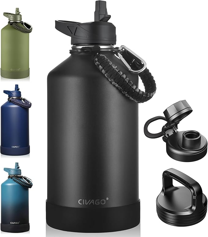 Termo Jarra CIVAGO 1 Galón 128oz Acero Inoxidable Negro — Con Pitillo y 3 Tapas, Para Deporte, Viajes y Camping