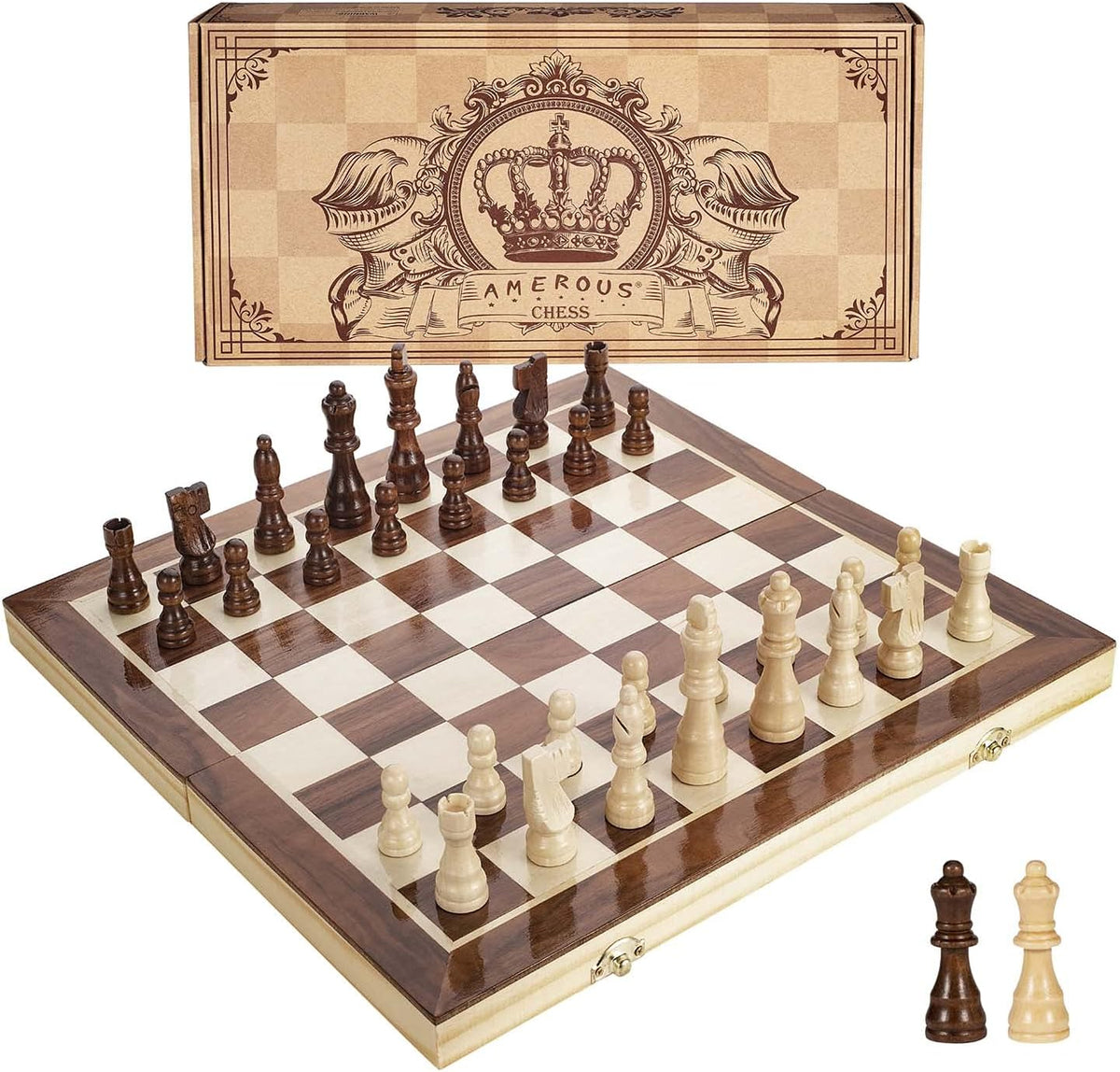 Juego de ajedrez magnético de madera AMEROUS de 38 cm (15 pulgadas) - 2 reinas adicionales - Tablero plegable - Ranuras para guardar las piezas, juego de ajedrez portátil hecho a mano para viajes - Juego de ajedrez para principiantes para niños de 6 años