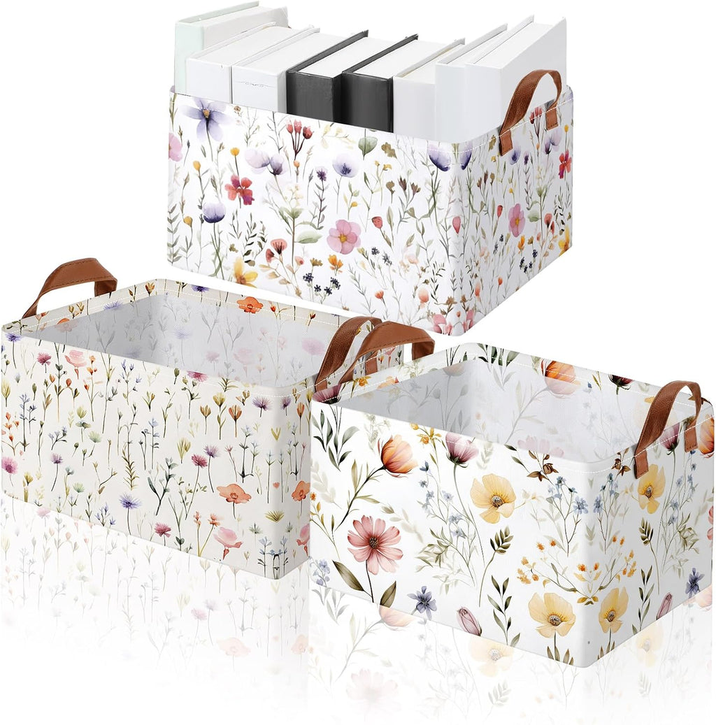 Boao Foldable Storage Baskets Dinosaur Easter Rabbit Classical Flowers Bow Laundry Basket with Handles Waterproof Storage Bins Fabric Shelf Baskets(15 x 11 x 8 Inches,Wildflowers,3 Pcs)
