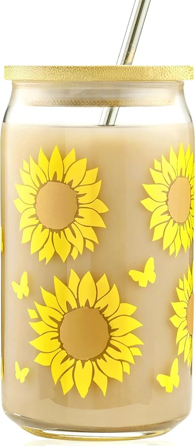 Vasos de café helado de girasol con tapas de bambú y popote de vidrio, vasos de vidrio en forma de lata de cerveza, regalos de sol de girasol para mujeres, lindo vaso para artículos