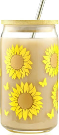Vasos de café helado de girasol con tapas de bambú y popote de vidrio, vasos de vidrio en forma de lata de cerveza, regalos de sol de girasol para mujeres, lindo vaso para artículos