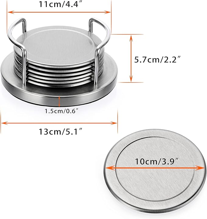 JUXYES Juego de 6 posavasos redondos de acero inoxidable con soporte y parte inferior de esponja, juego de posavasos de metal plateado, impresionantes posavasos geniales para decoración de restaurante, cocina, bar, mesa de comedor