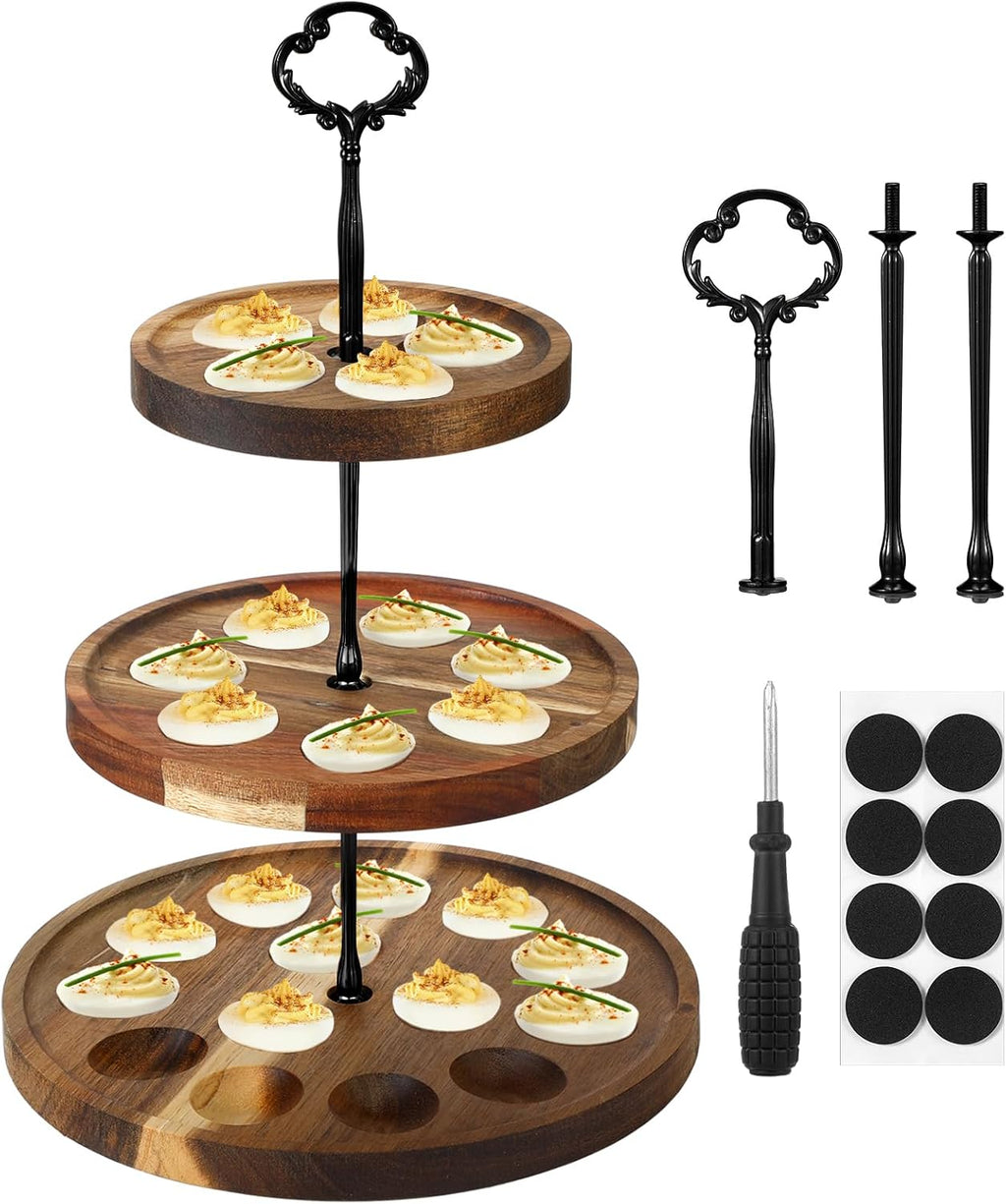 Newtay Bandeja de Madera para Huevos Rellenos 3 Niveles | 26 Huecos, Plato Reversible para Pascua, Accion de Gracias y Navidad (Negro)