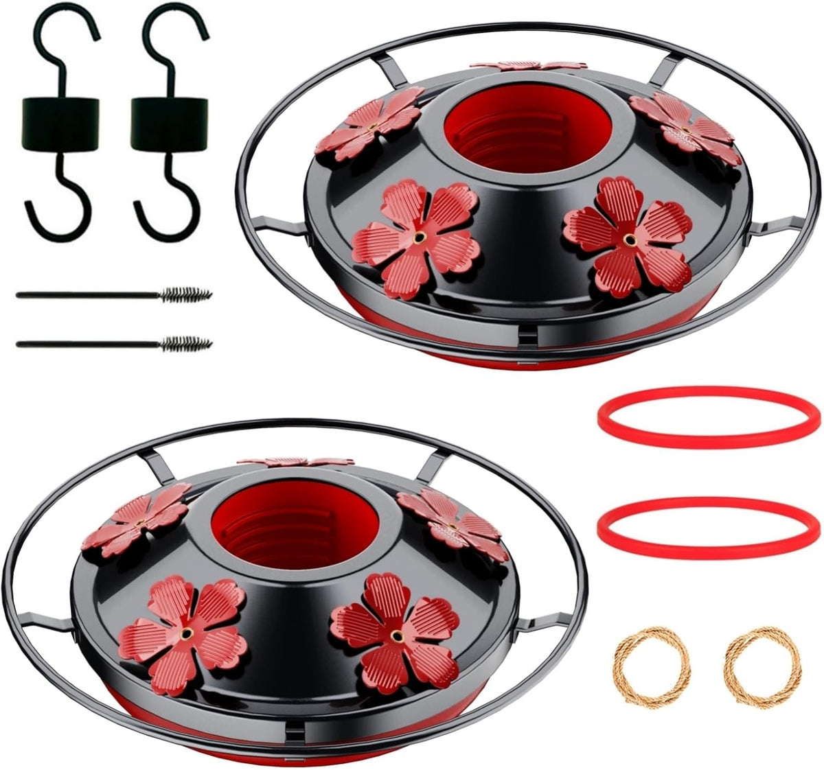 Juego de 2 accesorios de repuesto para la base del comedero de colibríes: incluye 2 bases inferiores, ganchos para foso, anillos de sellado, cepillos y cuerdas para colgar (2, negro).