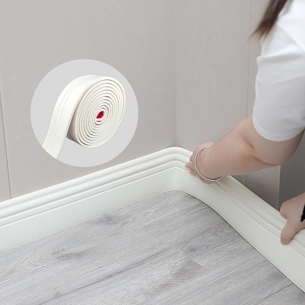 COUKIU Moldura Flexible para Zocalo | Autoadhesiva de Goma | Peel and Stick | Base de Pared en Vinilo | 4 Pulgadas x 16.4 Pies | Blanco Cremoso ARTICULO VIENE COMO SE OBSERVA EN LA SEGUNDA IMAGEN