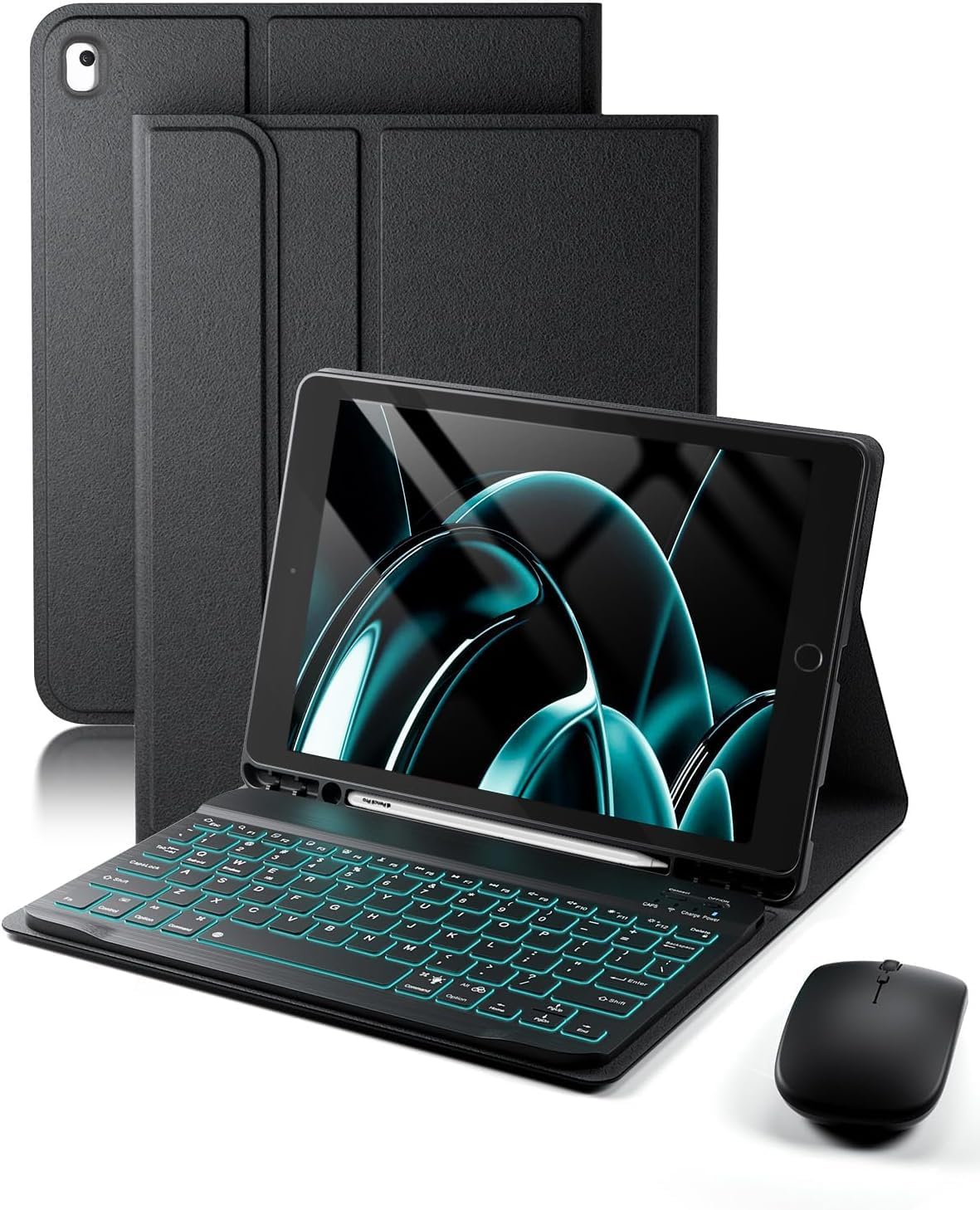 Funda TUNKARMOR para iPad de 9.ª, 8.ª y 7.ª generación de 10,2 pulgadas, iPad Air de 3.ª generación y iPad Pro de 10,5 pulgadas con teclado retroiluminado de 7 colores y soporte integrado para Apple Pencil con ratón (Negro).