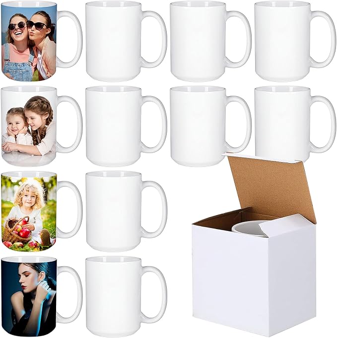 Juego de 12 Tazas de Sublimación 15 oz – Cerámica Blanca para Café y DIY (Falta 1 Taza, 1 Viene Estrellada)