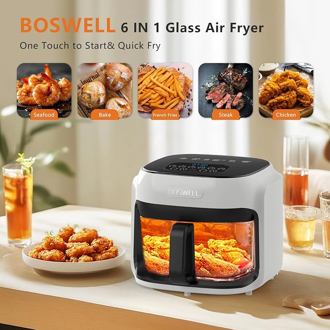 Freidora de aire de vidrio BOSWELL, 7.5 cuartos con tazón transparente, calefacción circulante, control de temperatura