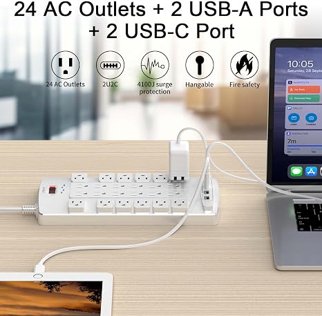 QINLIANF - Regleta protectora de sobretensiones, cable de extensión resistente de enchufe plano de 20 pies con 24 salidas y 4 puertos USB (2 puertos USB-C), 1875W/15A, 4100J, para el hogar, oficina