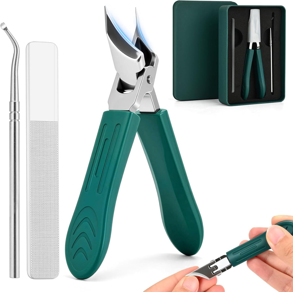 ⚠️ NO INCLUYE LA LIMA — Cortauñas Eagle Beak Biselado — Set de 3 Piezas con Mango Largo, Apertura Ancha y Borde Angulado, Color Verde