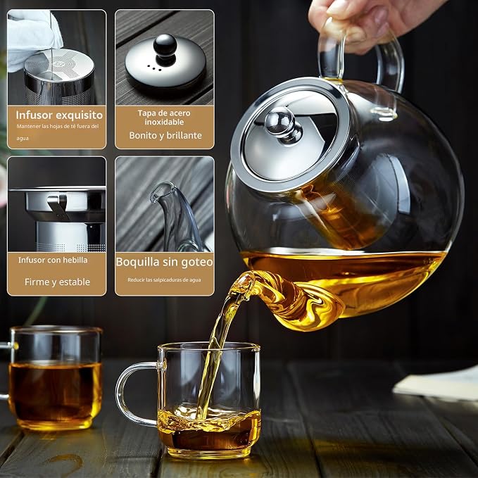 DOPUDO Tetera de vidrio de 40OZ (1200ML) con infusor segura para estufa, tetera de vidrio transparente, tetera de borosilicato con filtro de infusor para té suelto, hervidor de té seguro