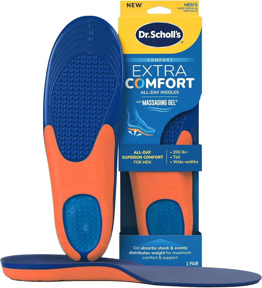 Plantillas de Soporte Extra Comodidad Dr. Scholl's para Hombres, Tallas 8-14, 1 Par, Insertos de Zapato con Gel de Masaje para Hombres Grandes 90+ kg, Pies Anchos, Soporte de Arco, Personalizables