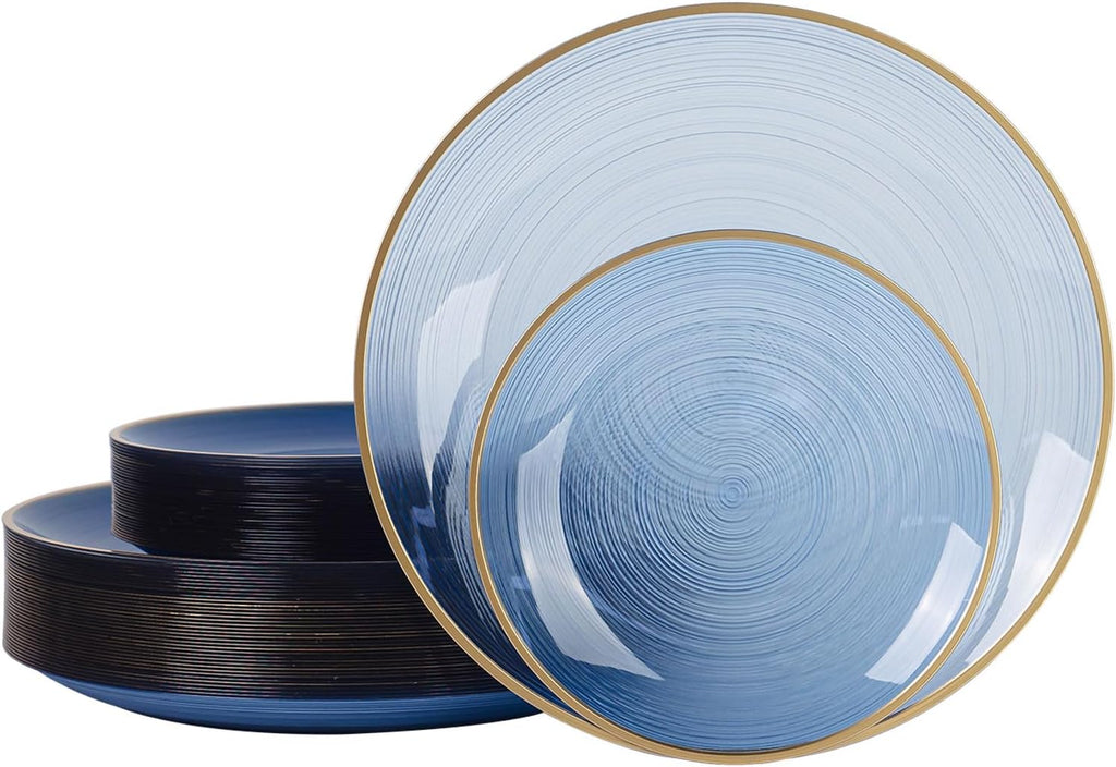Brolifon 80 Platos de Plástico Azul Transparente con Borde Dorado | 40 Postre 18 cm + 40 Cena 25 cm | Para Fiestas, Bodas y Cumpleaños