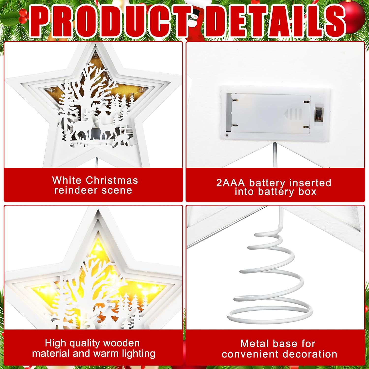 Beeveer Adorno para la Punta del Árbol de Reno de Navidad Iluminado de Madera Rústica Estrella del País de las Maravillas Decoración Blanca Hueca Estrella de Belén Ciervo del Bosque LED Ornamento 3D