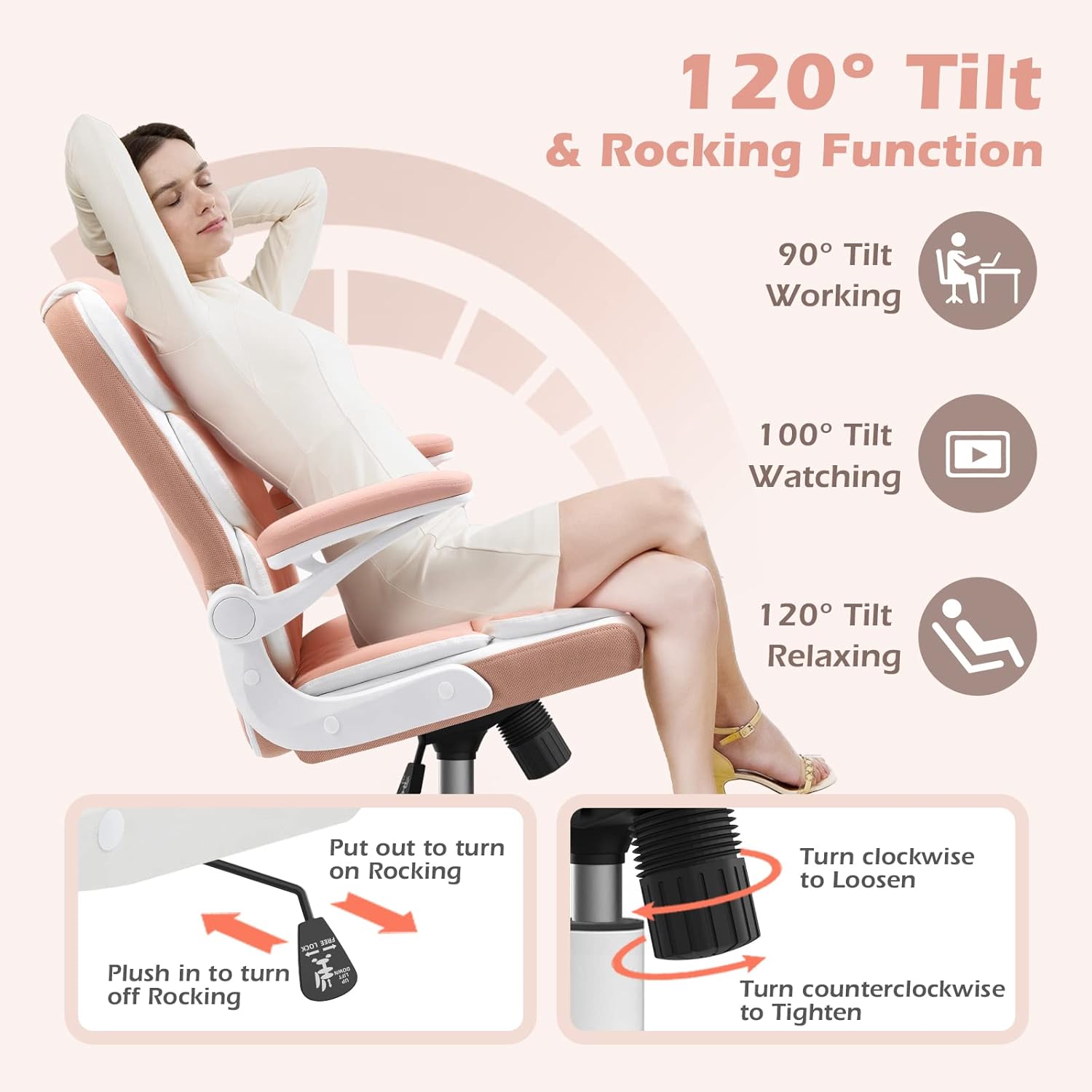 SEATZONE – Silla Ejecutiva Ergonómica Moderna de PU para Oficina en Casa – Con Ruedas y Apoyabrazos Abatibles, Soporte Lumbar y Giro 360° – Rosa