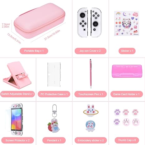 Kit 19 en 1 innoAura para Nintendo Switch OLED — Funda, Protector de Pantalla, Soporte y Grips (Rosa)