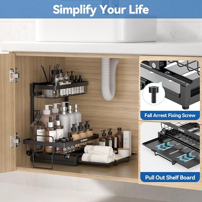 CLESOO Organizadores y almacenamiento para debajo del fregadero, organizador extraíble de 3 niveles para debajo del baño con extensor de estante deslizante, altura multiusos ajustable y extraíble