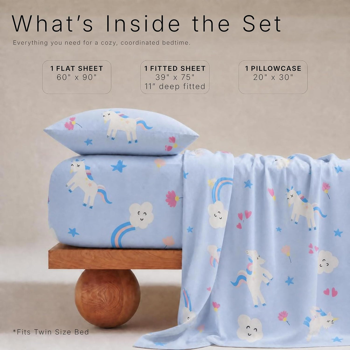 Juego de ropa de cama de 3 piezas, 100% algodón, 210 hilos, tamaño individual, con sábanas temáticas de unicornio para niños.