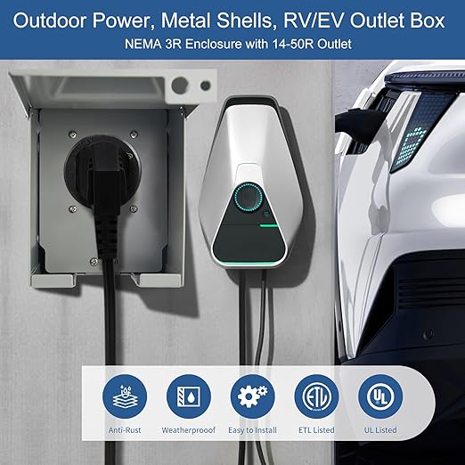 Suplevel 50 Amp EV/RV Power Outlet Box, Extra Heavy Duty EV-Grade 14-50R Receptacle, NEMA 3R Enclosed Lockable Weatherproof Outdoor Metal Box, EV Charger, 3-Pole, 4-Wire, ETL Listed