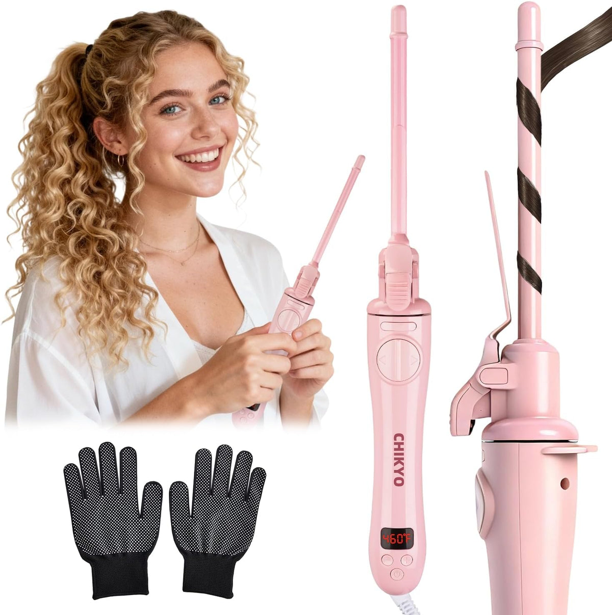 Rizador automático giratorio CHIKYO de 9 mm, rizador con barril cerámico de 3/8 de pulgada, rizador automático pequeño con prensa y soporte anti-quemaduras, rizador para cabello corto (rosa)