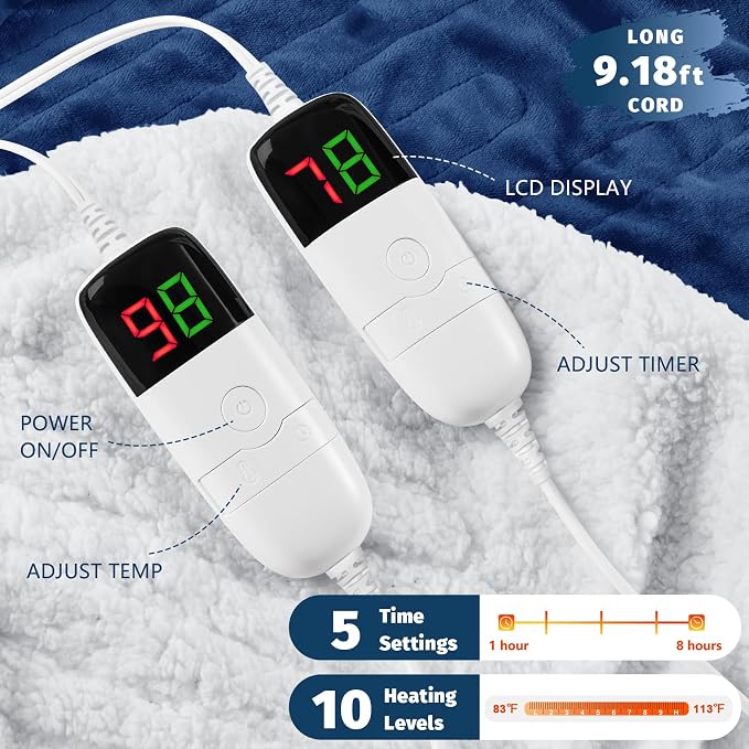 Manta eléctrica térmica tamaño Queen – Manta térmica de 84 x 90 pulgadas con doble control, 10 niveles de calefacción y 8 horas de apagado automático, manta de franela suave y cálida, regalos de cumpleaños de Navidad para abuela mayor