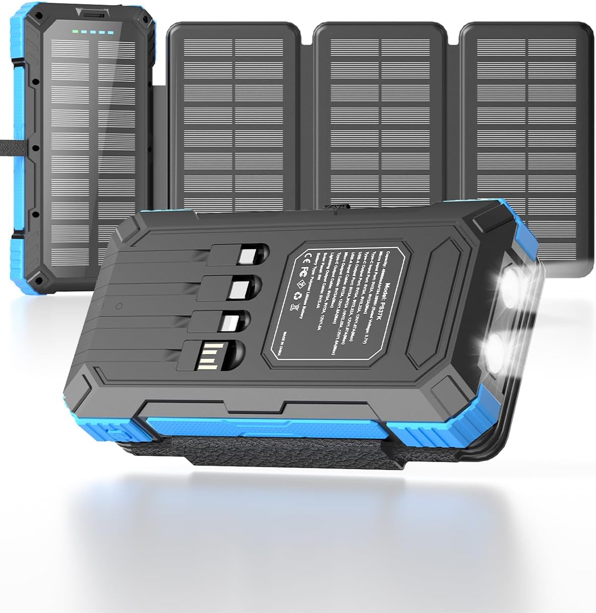 Kepswin Solar Charger Power Bank 49800mAh with 4 Built-in Cables & 3 Foldable Panels, PD22.5W Fast Portable Phone Charger, External Battery Pack with USB-C in/Output & Flashlight for Outdoor Camping