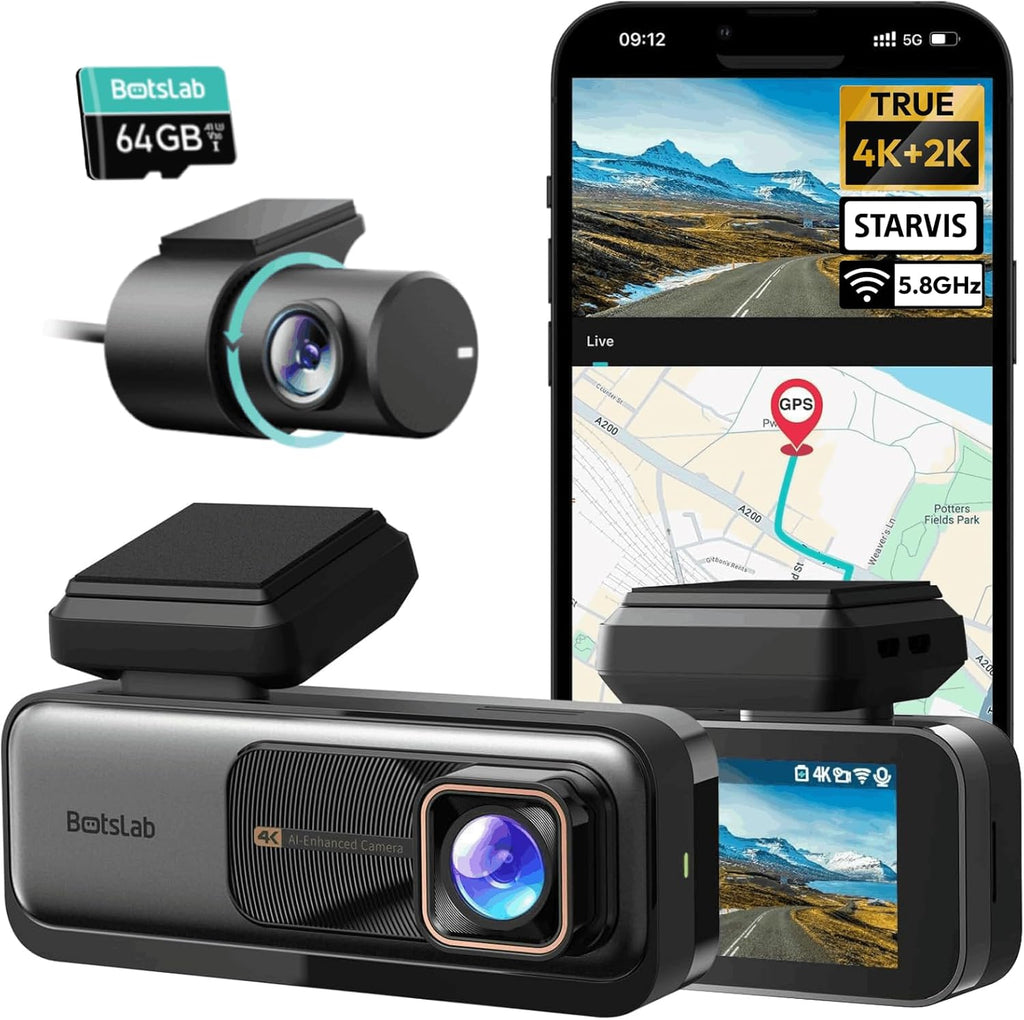 BOTSLAB 4K Dash Cam Front and Rear, 170Â° Ultra Wide 4K+2K Dashcam with ADAS, Night Vision, 24/7 Parking Mode, Sony STARVIS Sensor, WDR, Free 64GB SD Card, 5.8GHz WiFi, Built-in GPS, Loop Recording