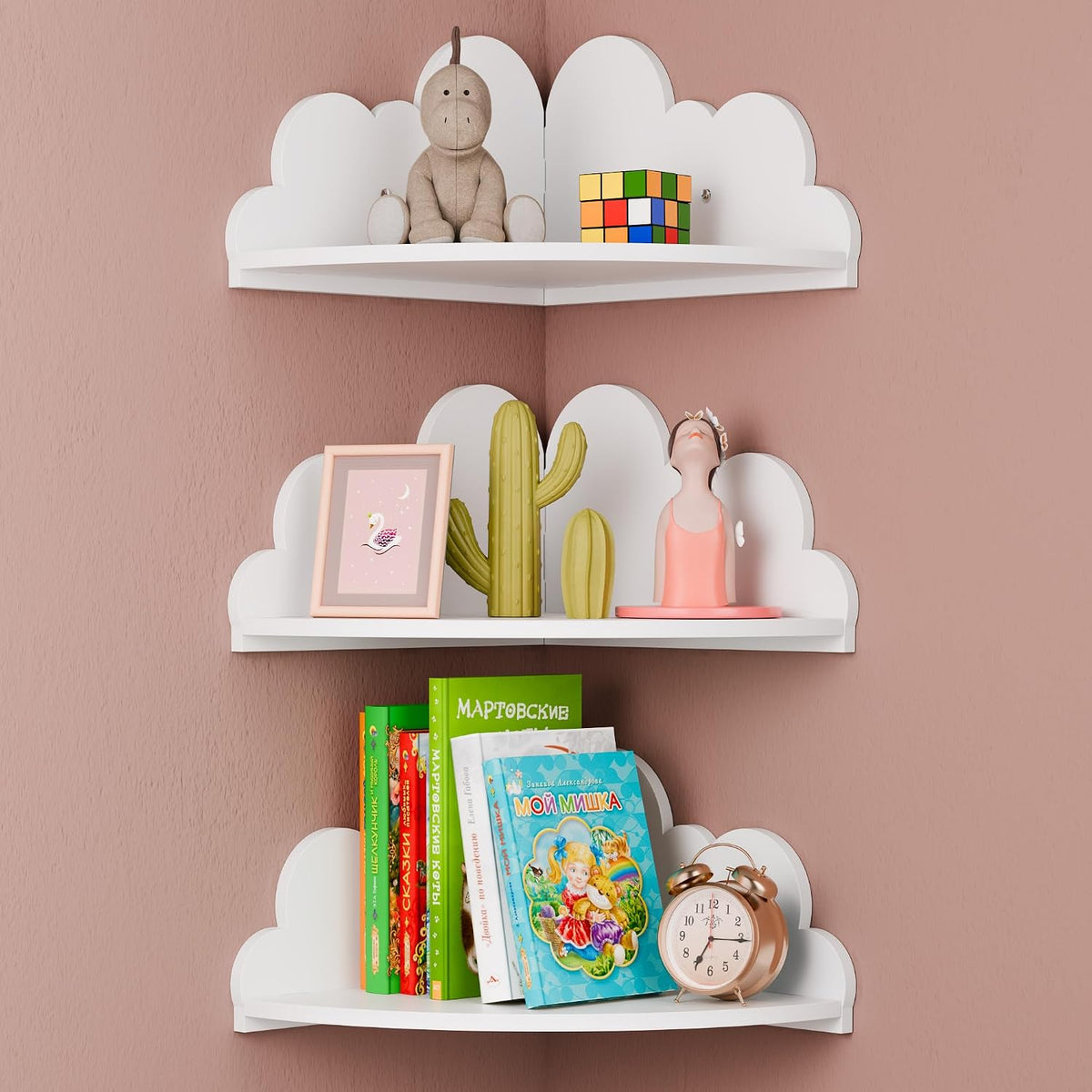 Juego de 3 estantes flotantes Beskadi Cloud, forma de nube, blanco
