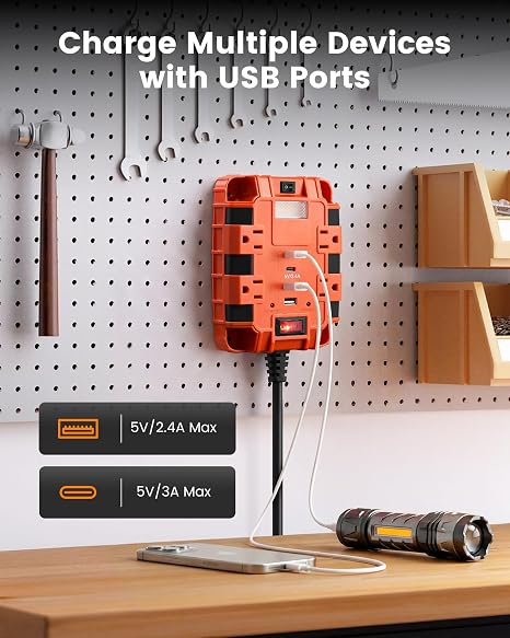 SURAIELEC Regleta Magnética con Protección contra Sobretensiones 1080J – 4 Salidas CA, 2 USB-A y 2 USB-C, Cable 6 Pies | NO INCLUYE ACCESORIO MAGNÉTICO | Certificación ETL