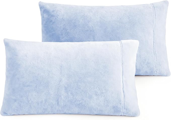 Fundas de almohada de terciopelo ROSE&RISY tamaño Queen, paquete de 2 unidades, ultrasuaves y transpirables con cierre de solapa para cama, fundas de almohada de terciopelo acogedoras y mullidas, sin relleno (Queen 20x30 pulgadas, azul claro)