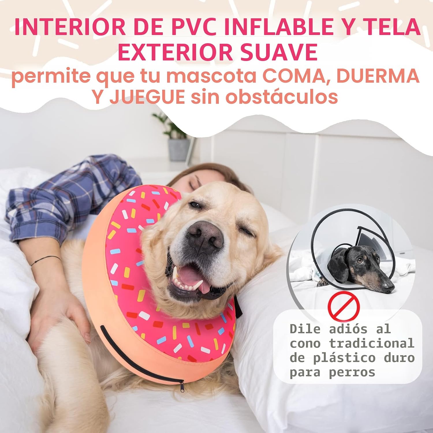Collar de dona para perro, alternativa a los conos tradicionales o suaves para perros, cono inflable poscirugía para perros pequeños (rosa)