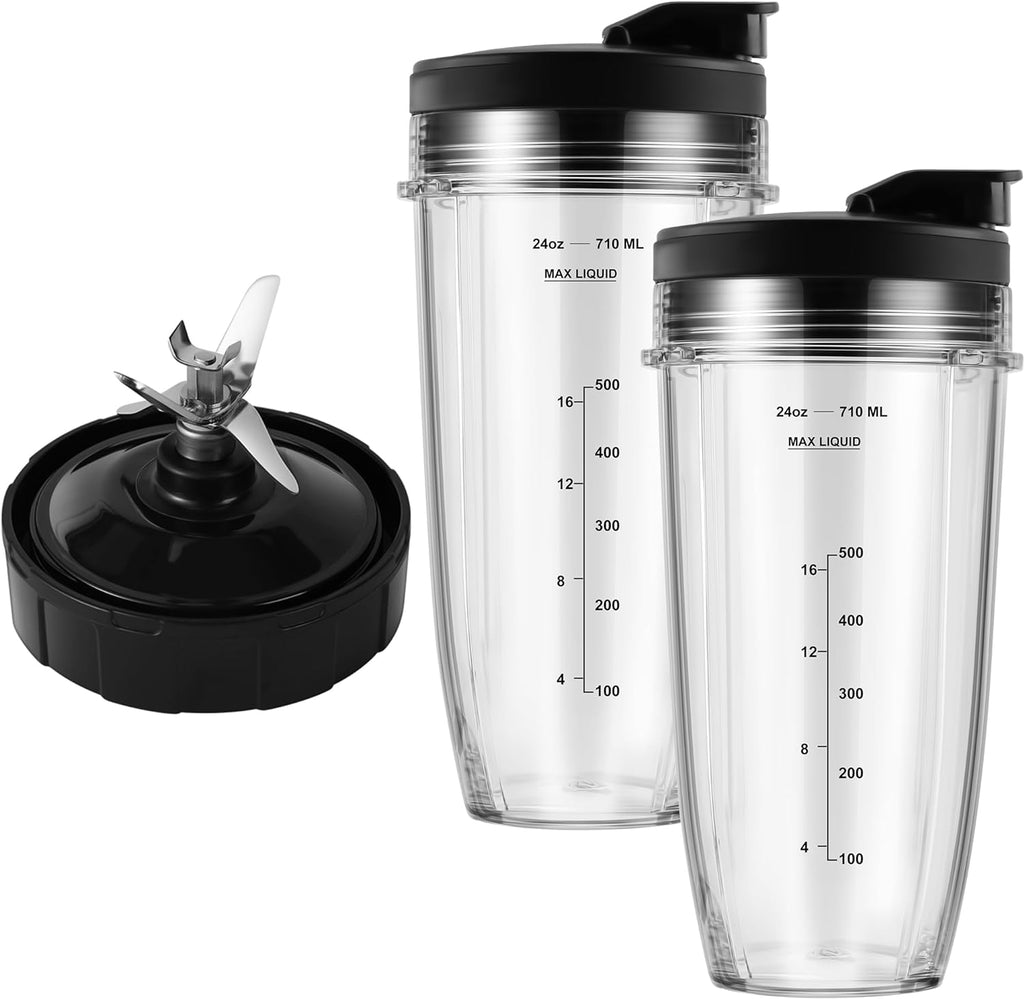 Repuestos para licuadoras MEET JUICE compatibles con licuadoras Ninja Auto-iQ: vasos de 710 ml con tapa y cuchilla extractora de 7 aletas para las series BL480, BL640 y BL642 (compatibles únicamente con sistemas de 7 aletas).